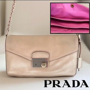 AUTHENTIC PRADA TAUPE LEATHER-Pink Leather Interior-Two Straps-Lock & Key.